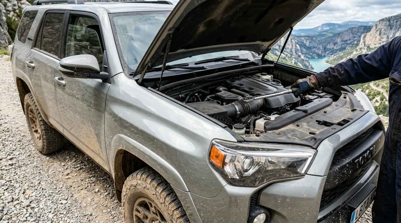 Toyota 4x4 ouvert avec moteur visible en montagne alpine