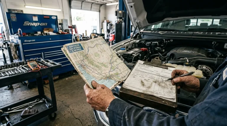 Mécanicien tenant carte routière et bon de commande en atelier automobile