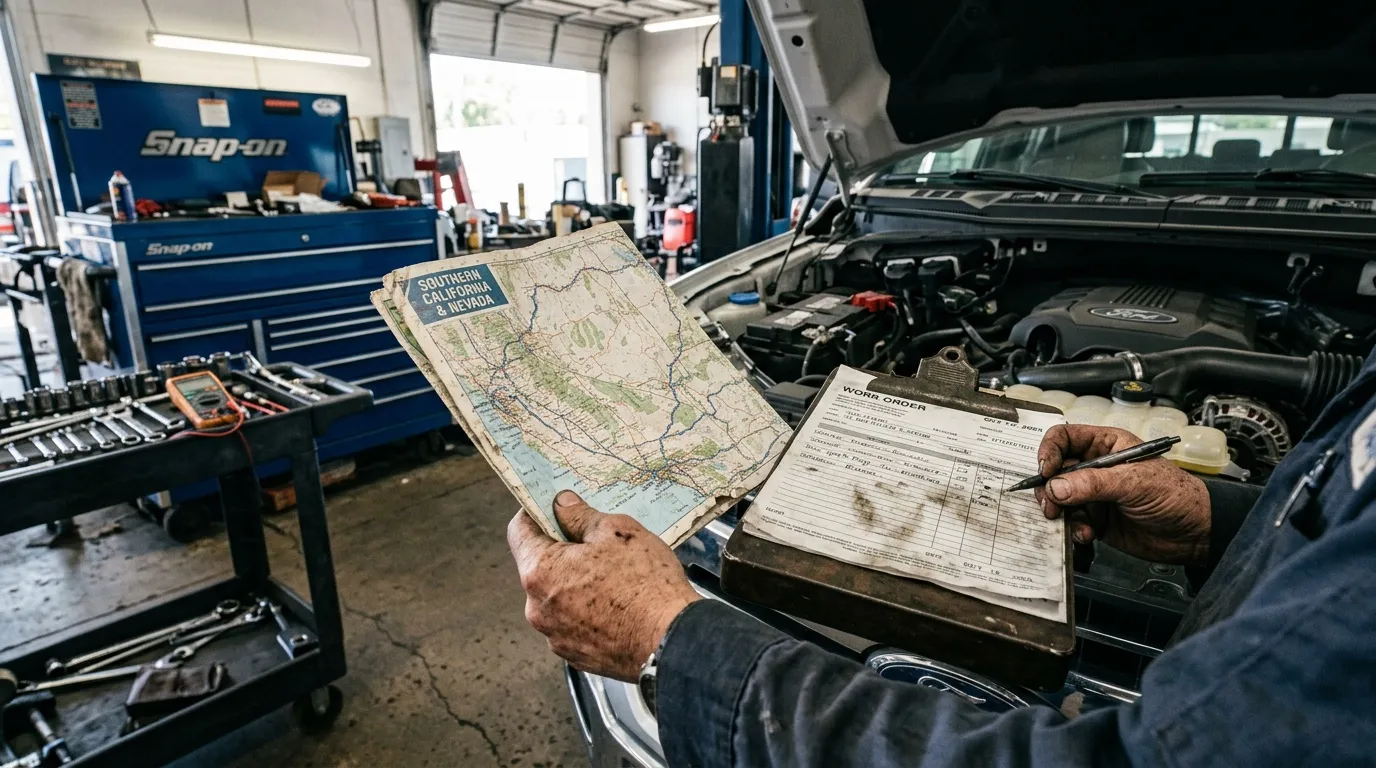 Mécanicien tenant carte routière et bon de commande en atelier automobile