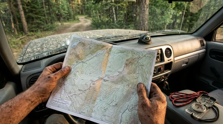 Homme consultant une carte topographique dans un véhicule en forêt