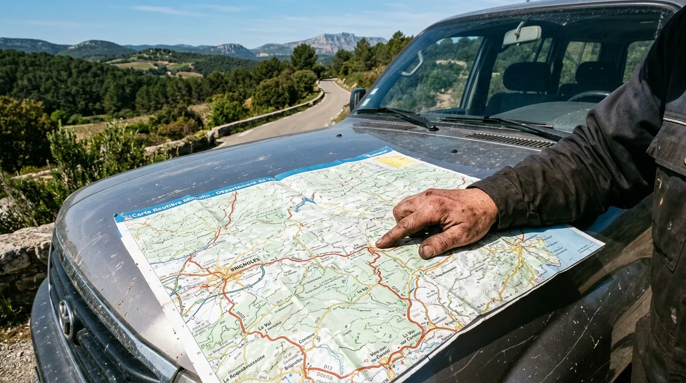 Personne consultant une carte routière sur le capot d'une voiture