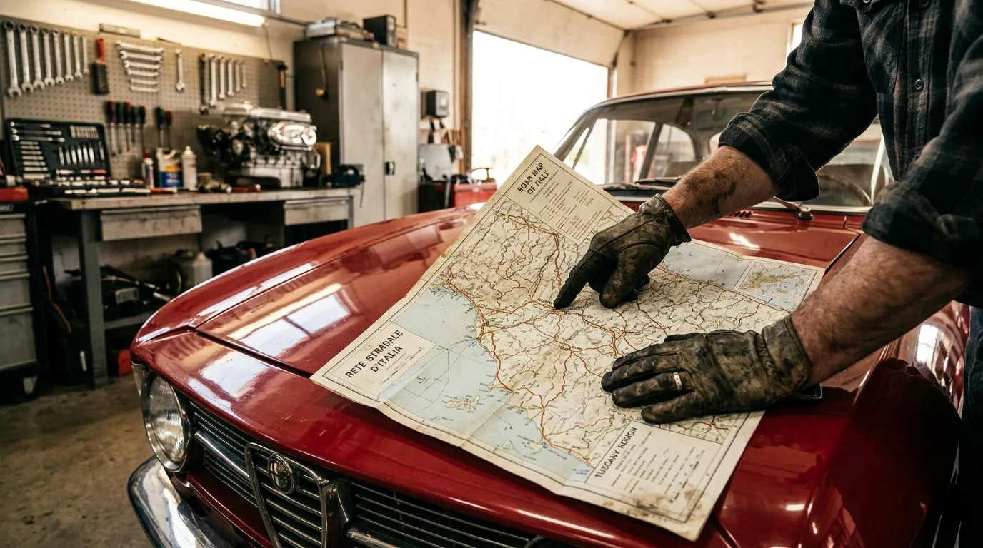 Mécanicien consulte une carte sur capot voiture rouge
